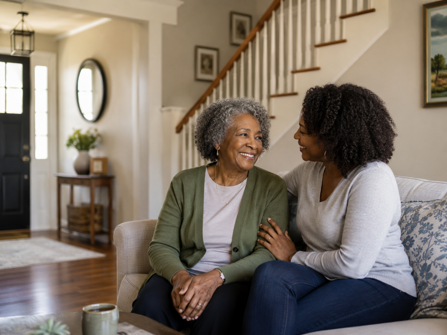 Older Black woman and her adult daughter sitting together in a warm home setting.