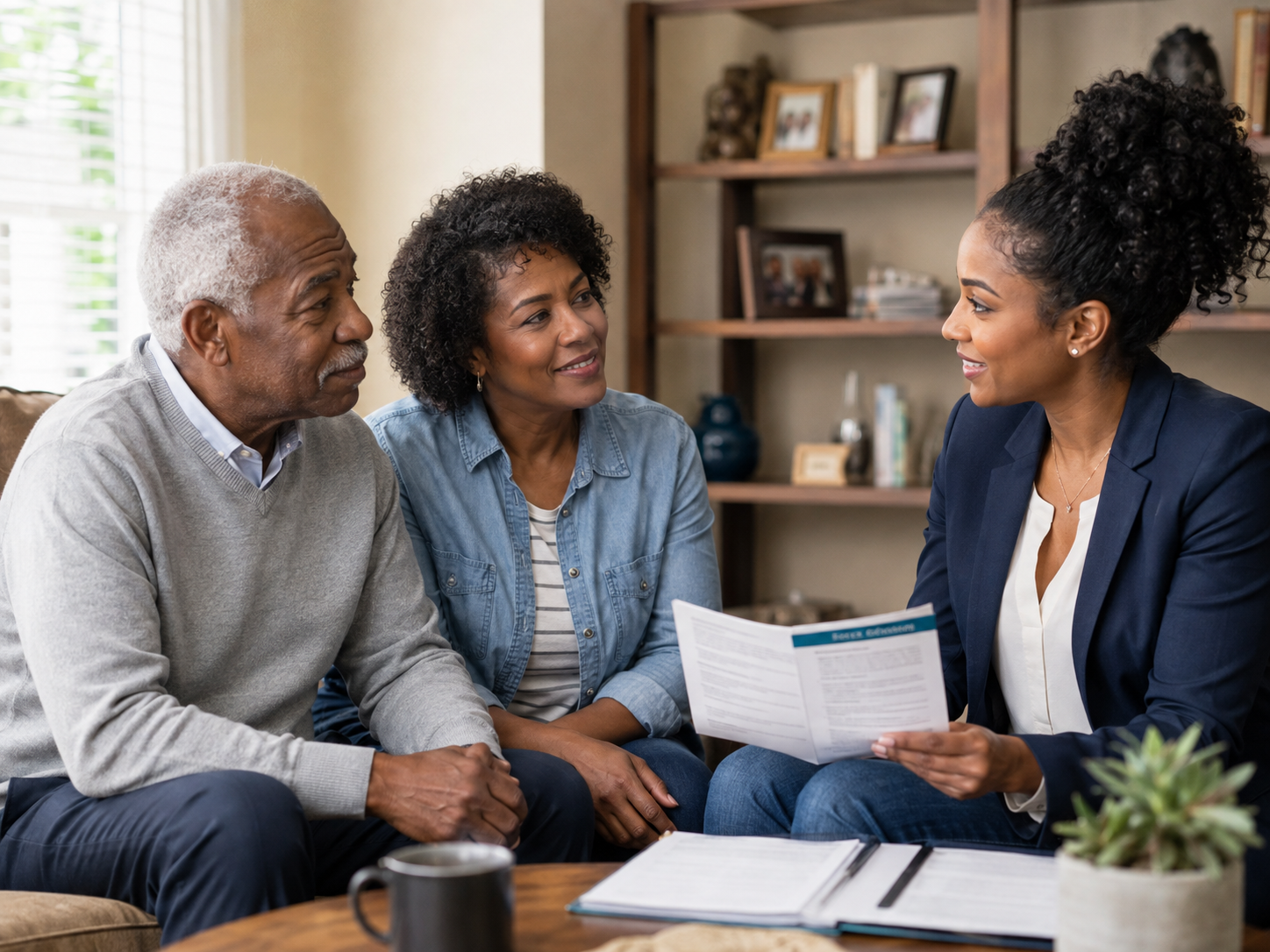 Older Black adult and family member discussing care planning with a professional adviser in a home setting.